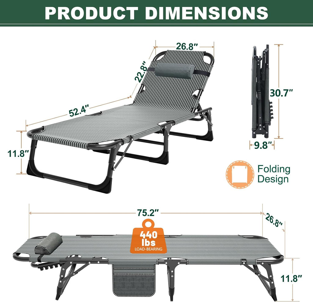 LILYPELLE Folding Outside Chaise Lounge Chair with Mattress, 5 Position Adjustable Patio Folding Lounge Chair Reclining Chairs Perfect for Sunbathing, Camping, Pool, Beach, Patio