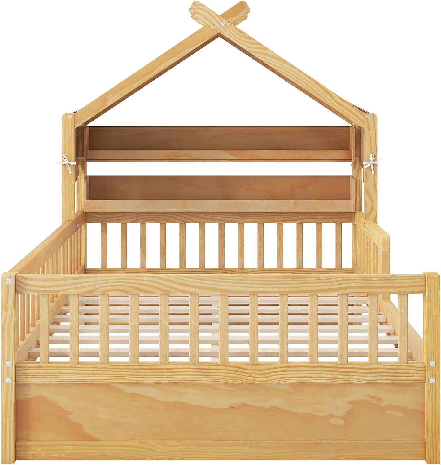 Merax Twin Size House Bed with Storage Headboard Shelf & Removable Canopy, Wooden Platform Bed Frame with Guardrail for Boys Girls Teens Bedroom Use, No Box Spring Needed, Natural