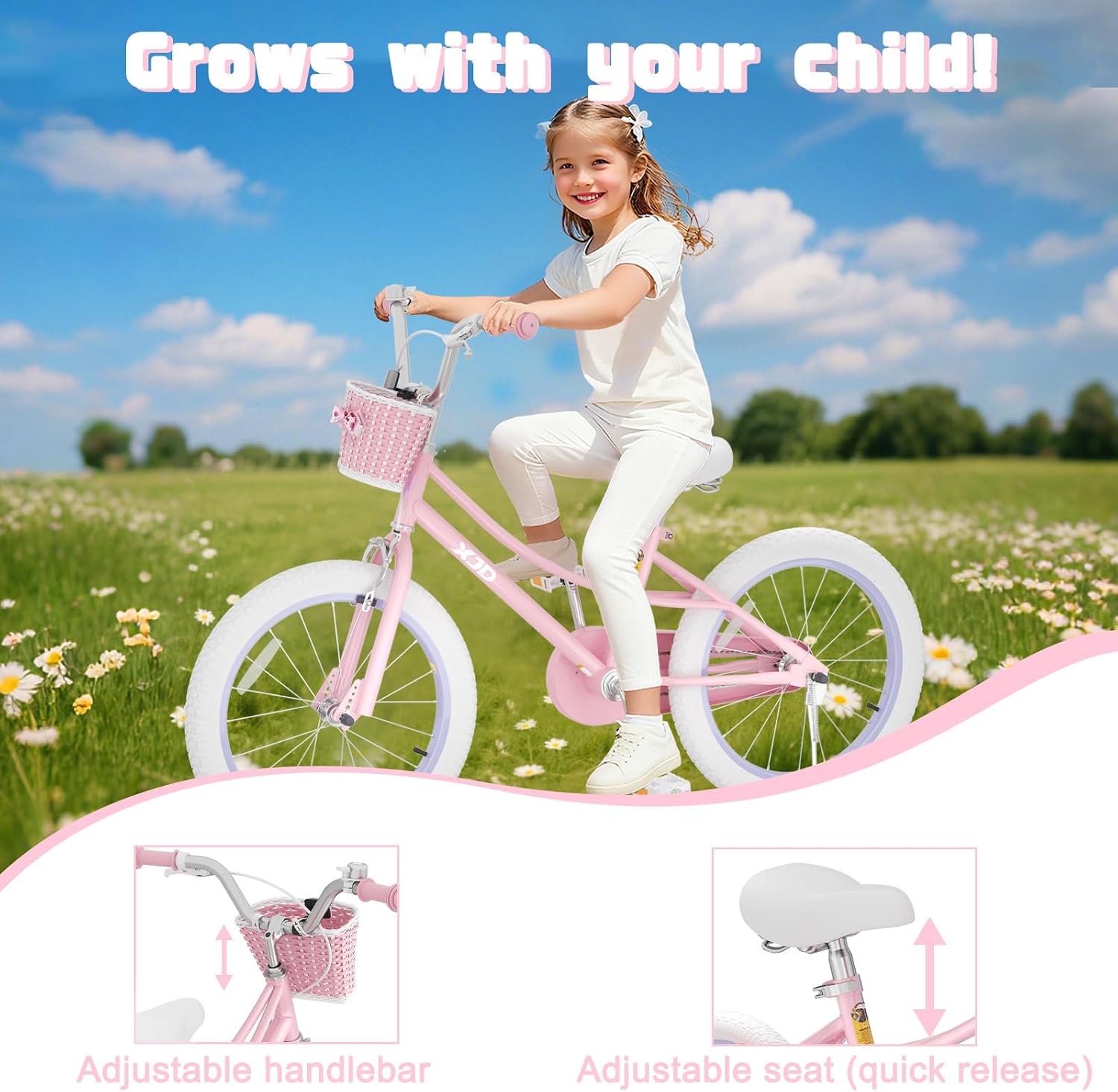 XJD Girls Bike for 3-12 Years Old Girls, 12 14 16 20 Inch Kids Bike with Training Wheels, Adjustable Seat Height, Coaster Brake, Streamers Basket