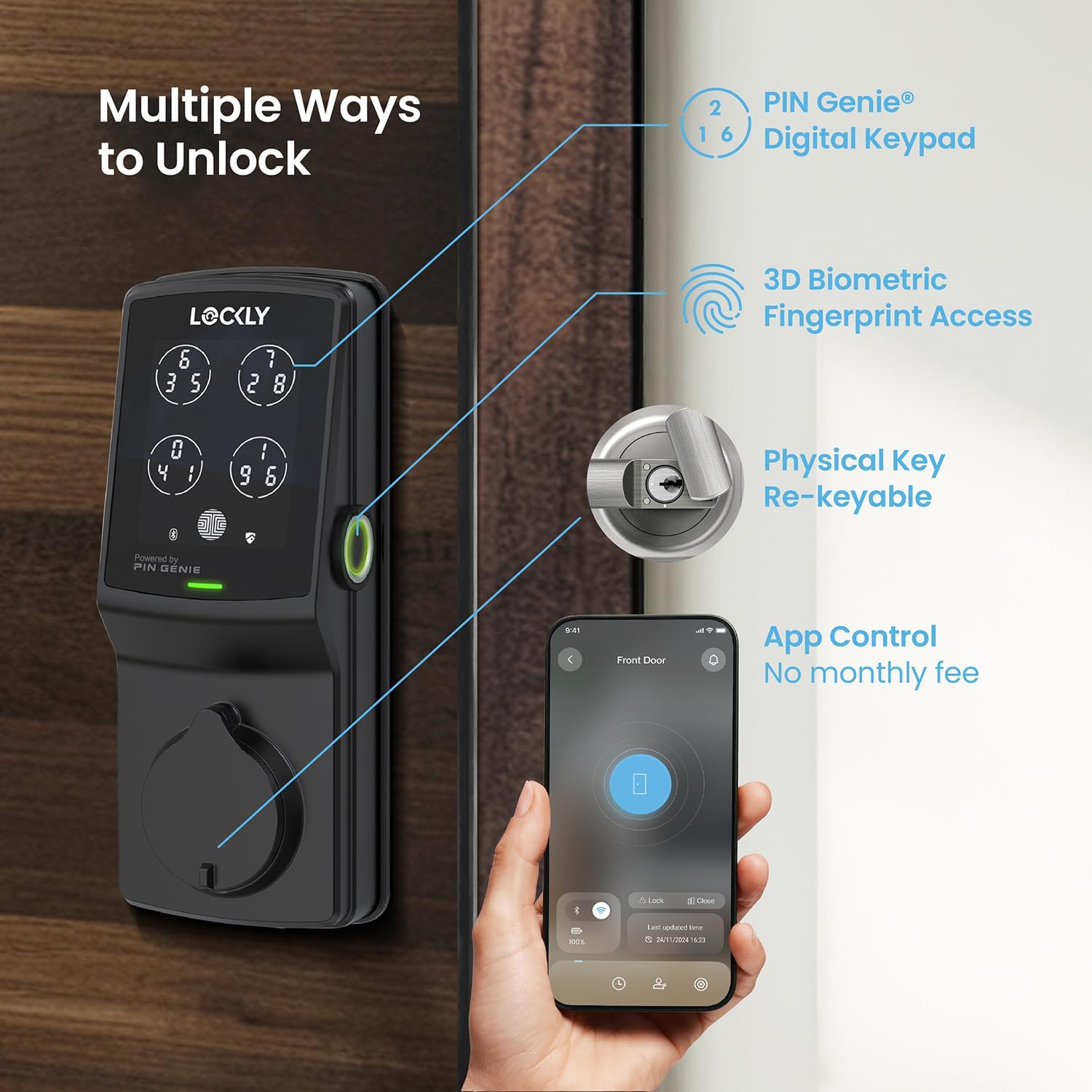 Lockly Secure Pro Smart Deadbolt Lock — Fingerprint Keyless Entry, PIN Genie® Patented Keypad, up to 99 Fingerprints, up to 33 Access Codes, Wi-Fi Hub Included, ANSI Grade 1, Alexa & Google Compatible