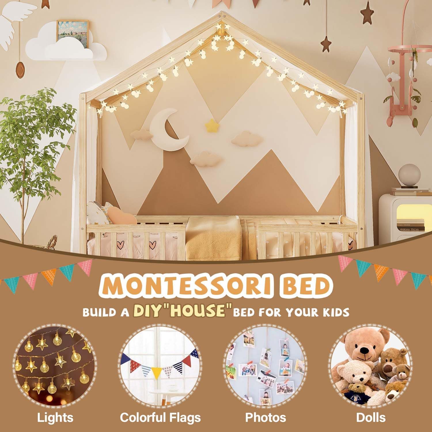 Cute Montessori Bed Frame Twin Size with Canopy, Low Profile House Shape Bed with Safety Railing & Wood Slat Support, Kids Playhouse Bedframes for Boys Girls (Natural, Twin)
