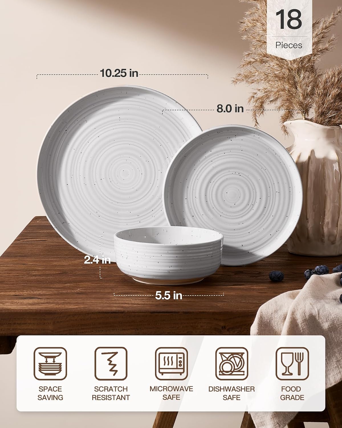 18-Piece Stoneware Dinnerware Set – Flared Plates and Bowls with Reactive Glaze, Speckles & Spirals, Chip & Scratch Resistant Dishes, Dishwasher Safe, Service for 6, Gift Box, White