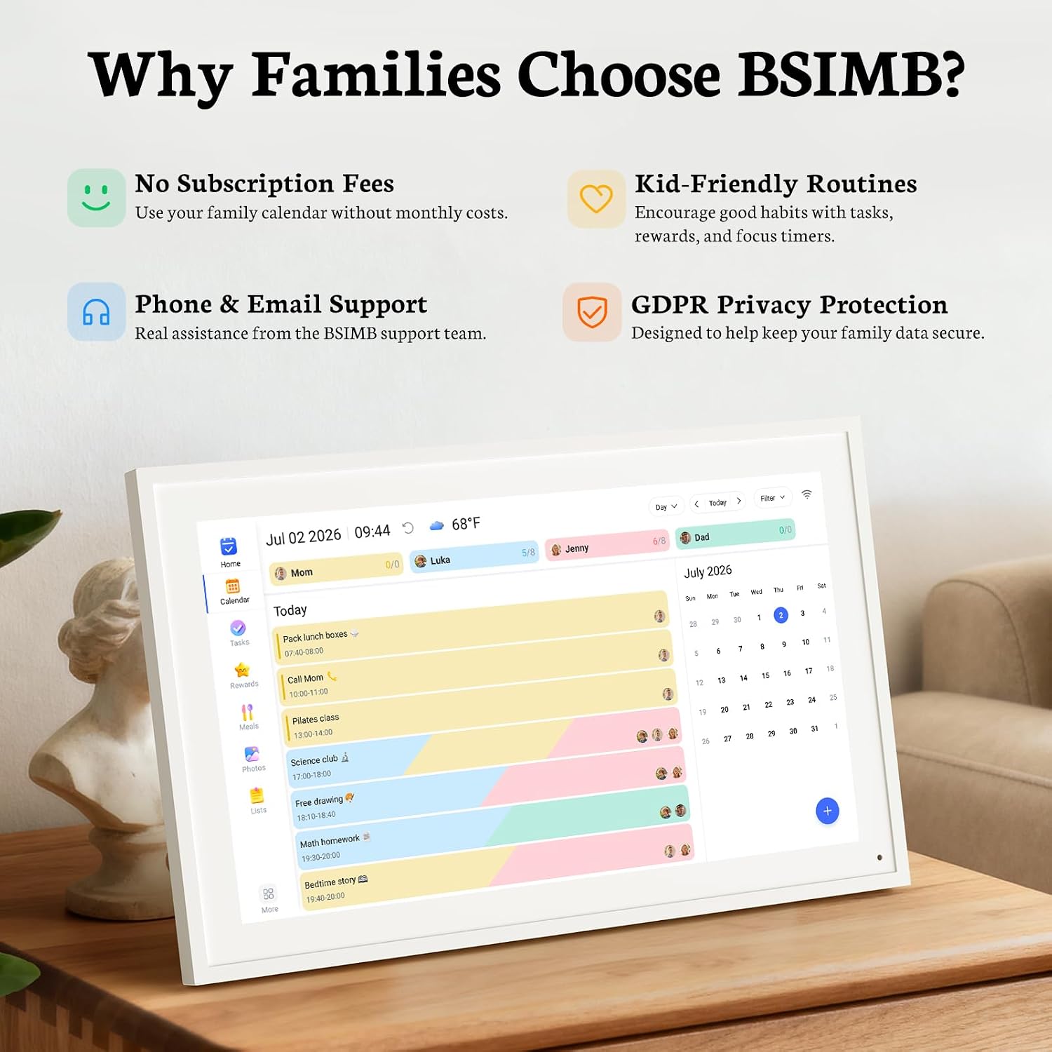 BSIMB 15.6 Inch Digital Calendar - Chore Chart, Meal Planner, Rewards System, Photo Display, Smart Electronic Calendar Touchscreen Interactive for Family Schedules, Seamless Scheduling White