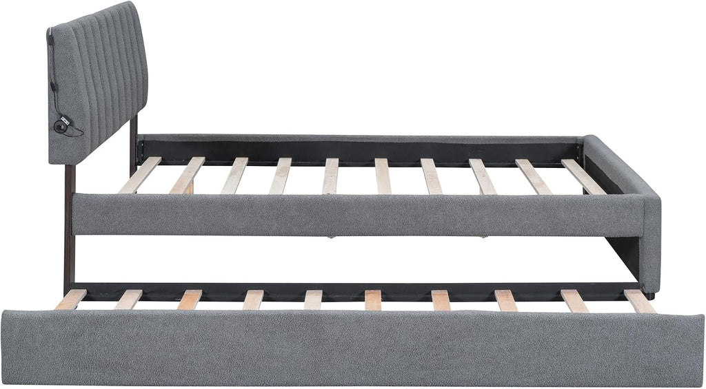 Teddy Fleece Queen Size Upholstered Platform Bed Frame for Boys Girls Kids Adults Toddler with Trundle, Gray