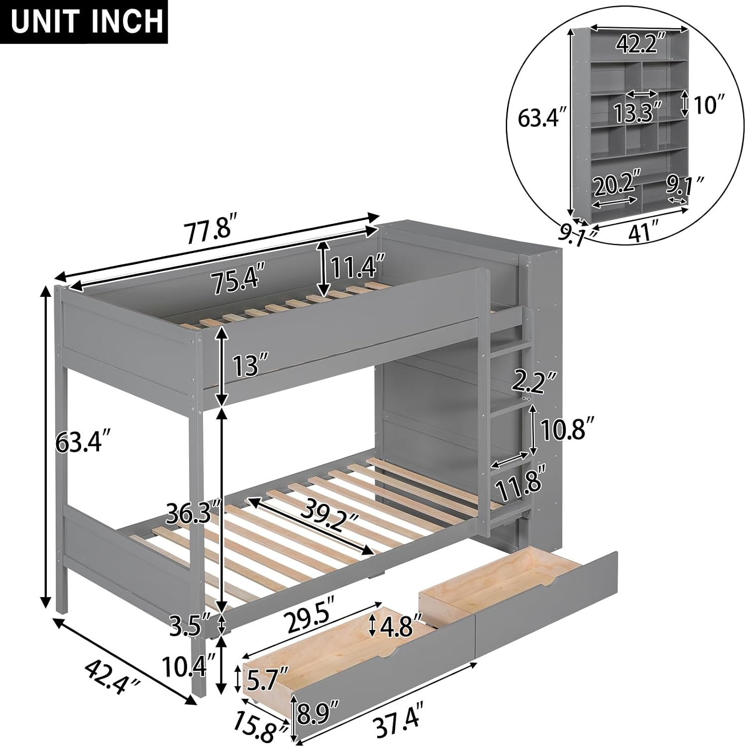 Merax Twin Over Twin Bunk Bed with 2 Drawers and Multi-Layer Cabinet, Gray