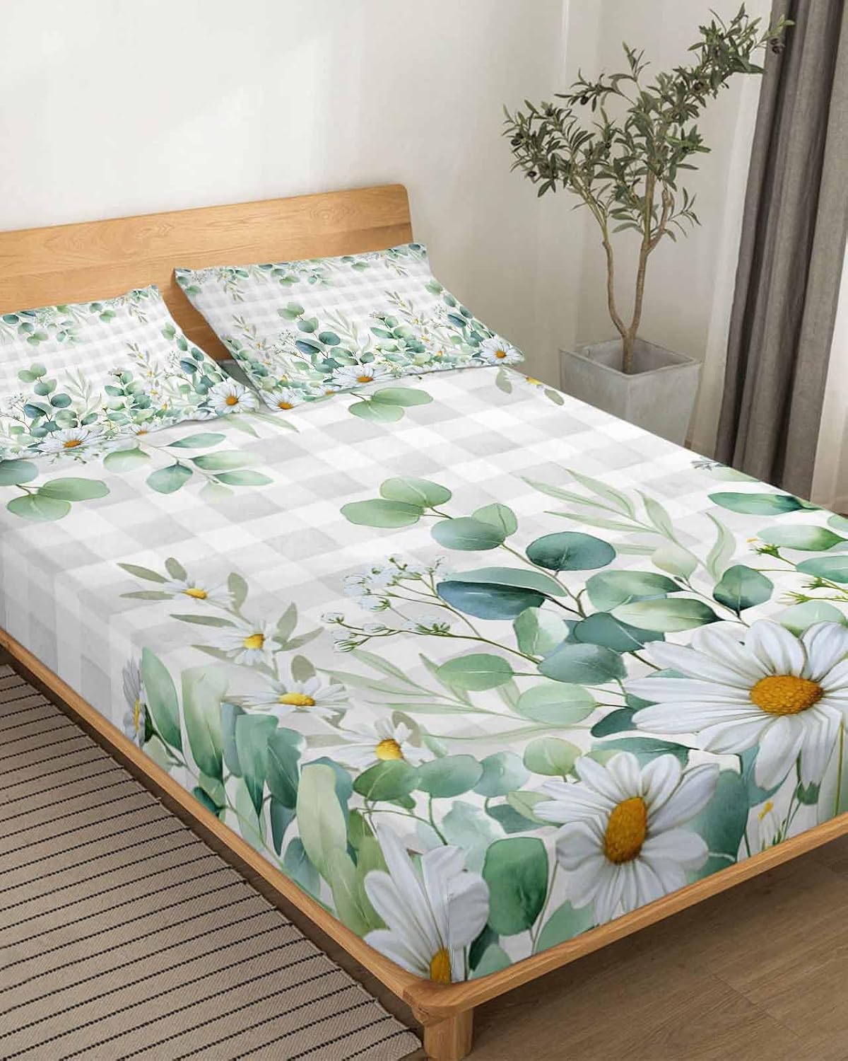 Green Eucalyptus Leaves Cal King Sheet Set 4 Piece Bedding - Daisy Summer Botanical Watercolor Plaid Breathable Comfy Cooling Bed Sheets & Pillowcase Sets, Hotel Flat Sheets Deep Pockets Fitted Sheet