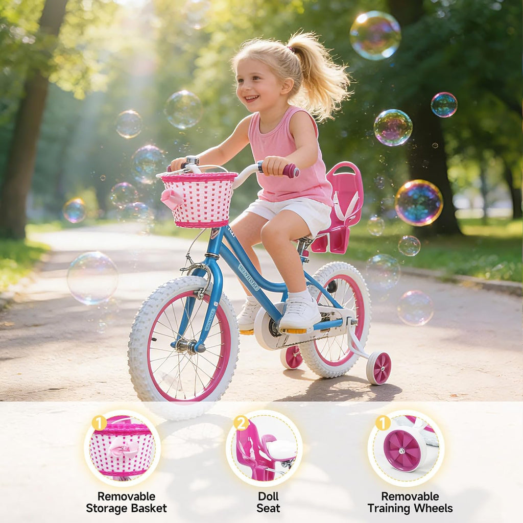 WinHope Girls Bike with Doll Seat, 12 14 16 18 20 Inch Kids Bike for 2-12 | Dual Brake with Training Wheels / Kickstand & Streamers Birthday Gift for Toddler Outdoor Riding, Multiple Colors
