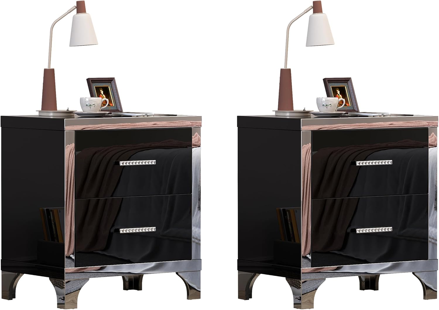 Modern High Gloss Nightstand Set of 2 for Bedroom, Elegant Black 2 Drawer Nightstand with Silver Mirrored Handle and Base, Wood End Table Sofa Side Table for Living Room Bedroom (Black)