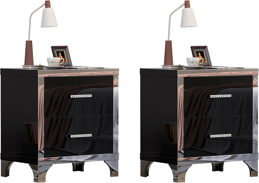 Henf Modern Black Nightstand Set of 2 for Bedroom, Elegant High Gloss 2 Drawer Night Stand with Silver Mirrored Legs, Small Wood End Table Sofa Side Table for Living Room Bedroom Apartment (Black)