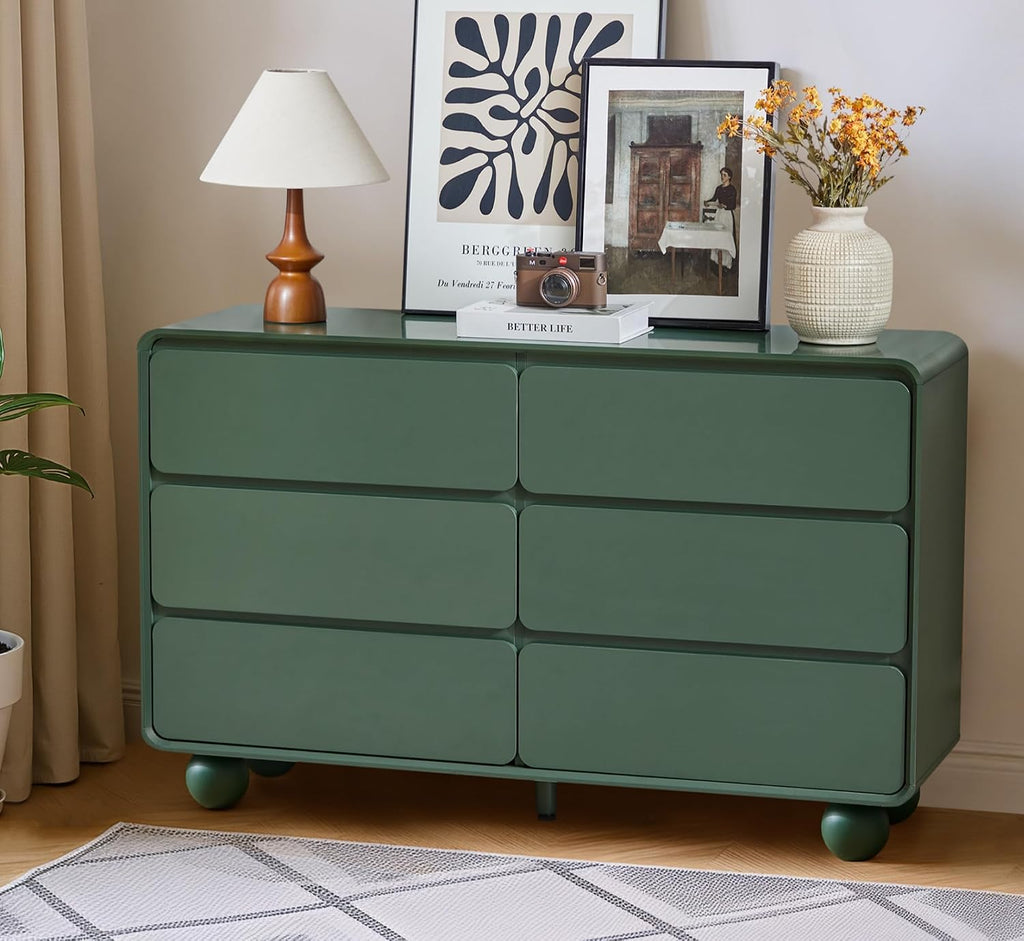 AVZEAR Modern 6 Drawer Green Dresser for Kids Bedroom, 48' Wide Wooden Dresser Chest of Drawers, Handle Free & Curved Profile Design, Mid Century Closet Clothes Storage Organizer for Living Room