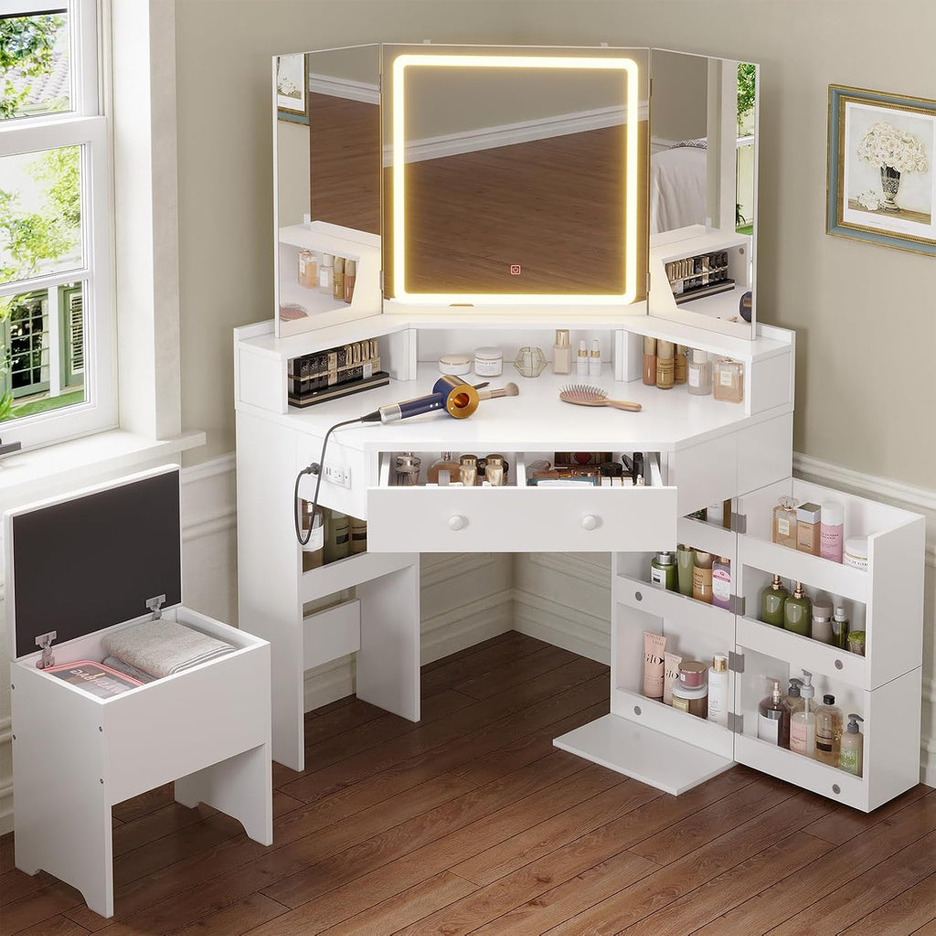 HAUOMS Vanity Desk with Tri-Fold Mirror and Lights, Storage Stool, Corner Makeup Vanities with Drawers & Power Outlet, 3 Light Settings, Dimmable for Bedroom, Women Girls, White