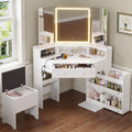 HAUOMS Vanity Desk with Tri-Fold Mirror and Lights, Storage Stool, Corner Makeup Vanities with Drawers & Power Outlet, 3 Light Settings, Dimmable for Bedroom, Women Girls, White