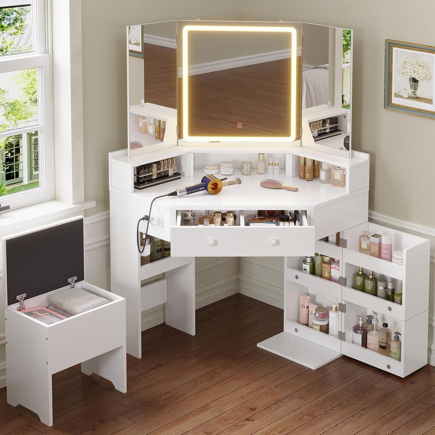 HAUOMS Vanity Desk with Tri-Fold Mirror and Lights, Storage Stool, Corner Makeup Vanities with Drawers & Power Outlet, 3 Light Settings, Dimmable for Bedroom, Women Girls, White
