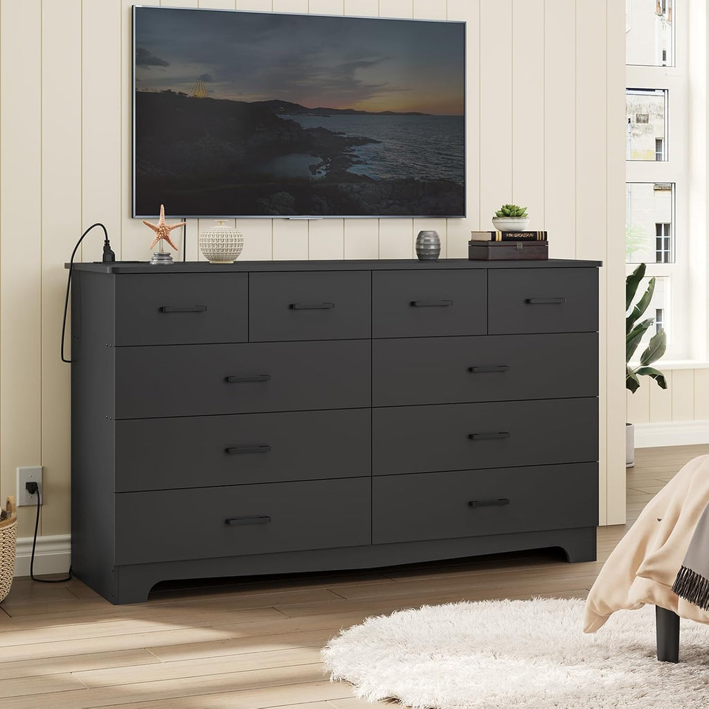 DICTAC Black Dresser for Bedroom with 10 Drawers, Large Chest of Drawers Storage Organizer, Long Dresser TV Stand with Power Outlets, Wide Dressers for Bedroom, Living Room 55.1' W x 32.3' H x 15.8' D