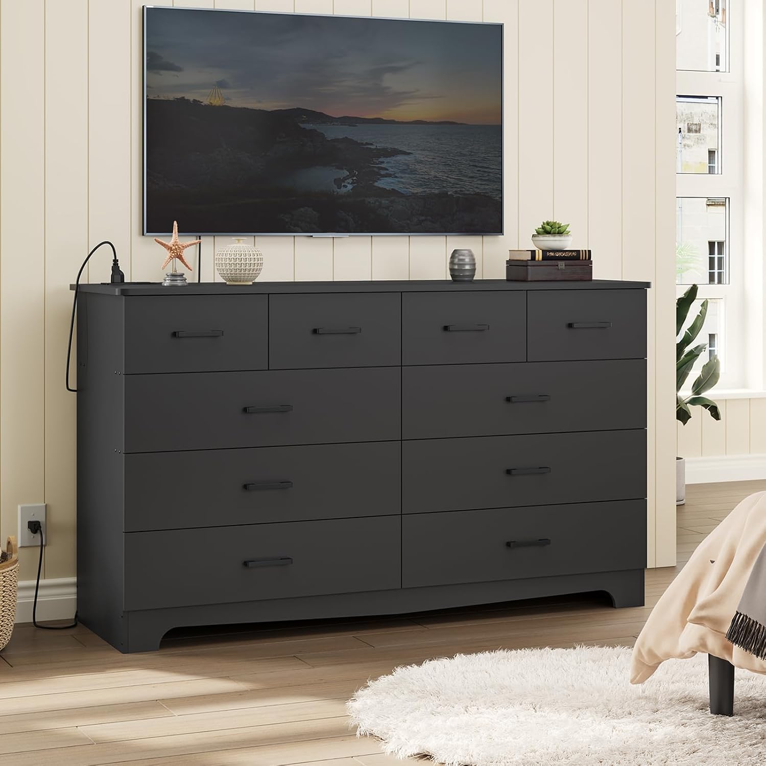 DICTAC Black Dresser for Bedroom with 10 Drawers, Large Chest of Drawers Storage Organizer, Long Dresser TV Stand with Power Outlets, Wide Dressers for Bedroom, Living Room 55.1' W x 32.3' H x 15.8' D