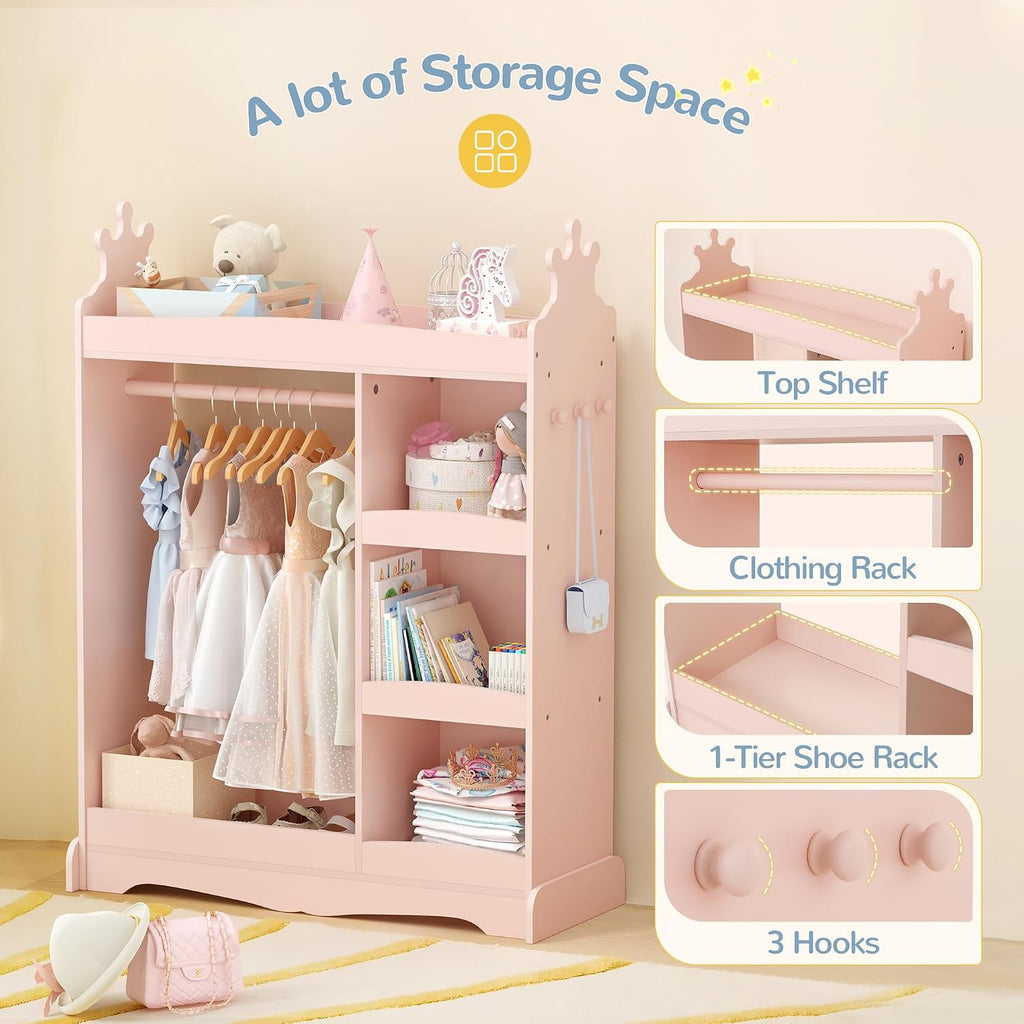 Curipeer Kids Dress up Storage with Mirror, Kids Wardrobe with Storage & 3 Hooks, Kids Closet for Girls Boys, Kids Costume Organizer, Open Hanging Armoire Wardrobe Closet for Bedroom, Pink