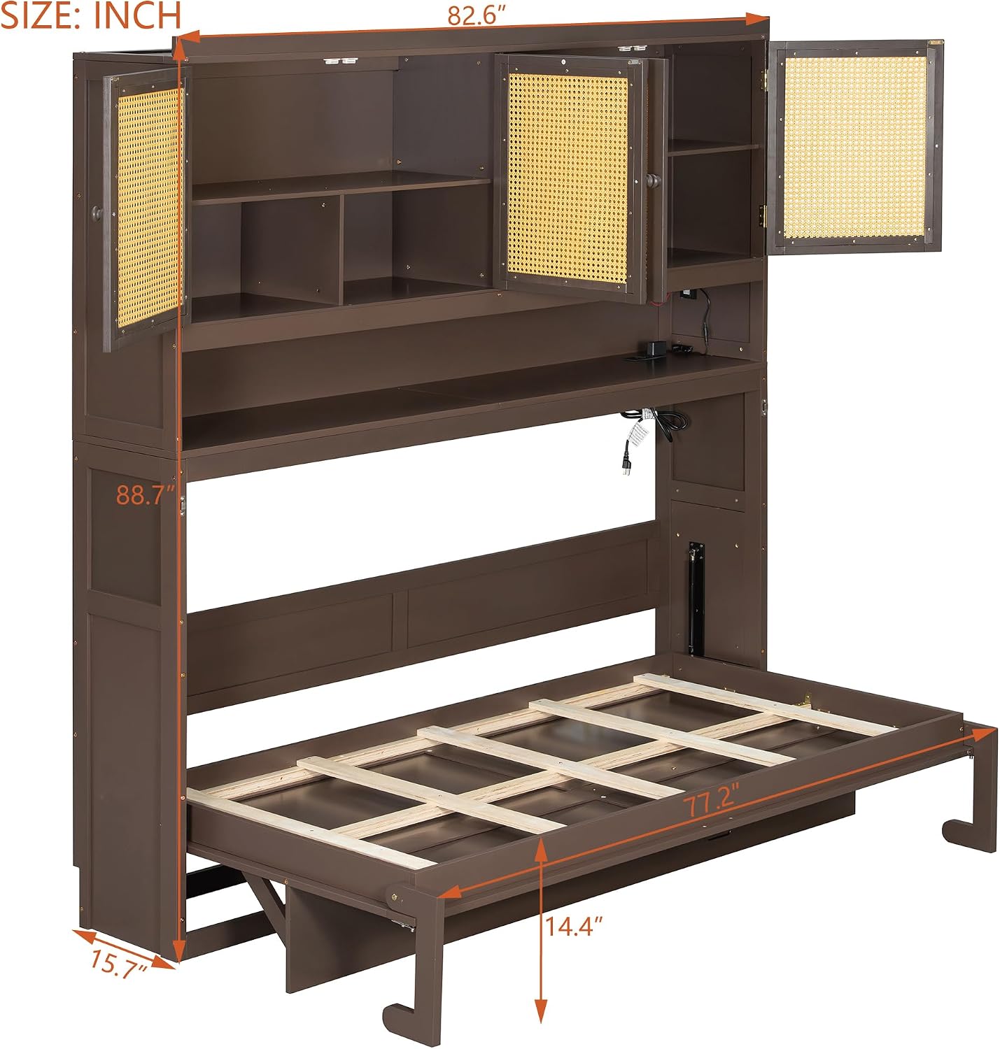 Harper & Bright Designs Twin Size Horizontal Murphy Bed with Top Storage Cabinet, Space Saving Wood Foldable Murphy Wall Bed Frame with Light & USB for Teens Adults, Espresso