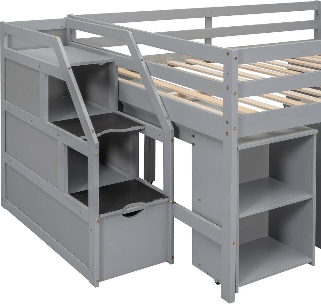 Full Size Loft Bed with Retractable Writing Desk, Wooden Loft Bed with 3 Drawers and Shelves, Storage Stairs, Versatility Low Loft Bed Storage Bed for Kids Boys Girls Bedroom (Gray,Storage Stairs)