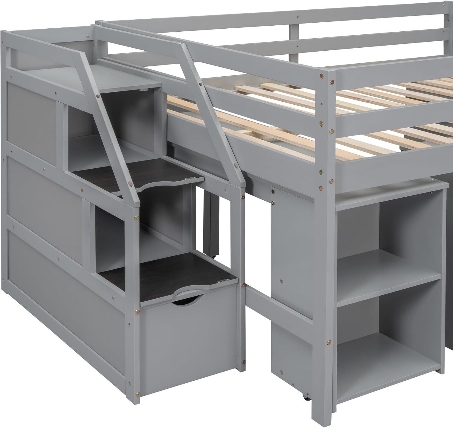 Full Size Loft Bed with Retractable Writing Desk, Wooden Loft Bed with 3 Drawers and Shelves, Storage Stairs, Versatility Low Loft Bed Storage Bed for Kids Boys Girls Bedroom (Gray,Storage Stairs)