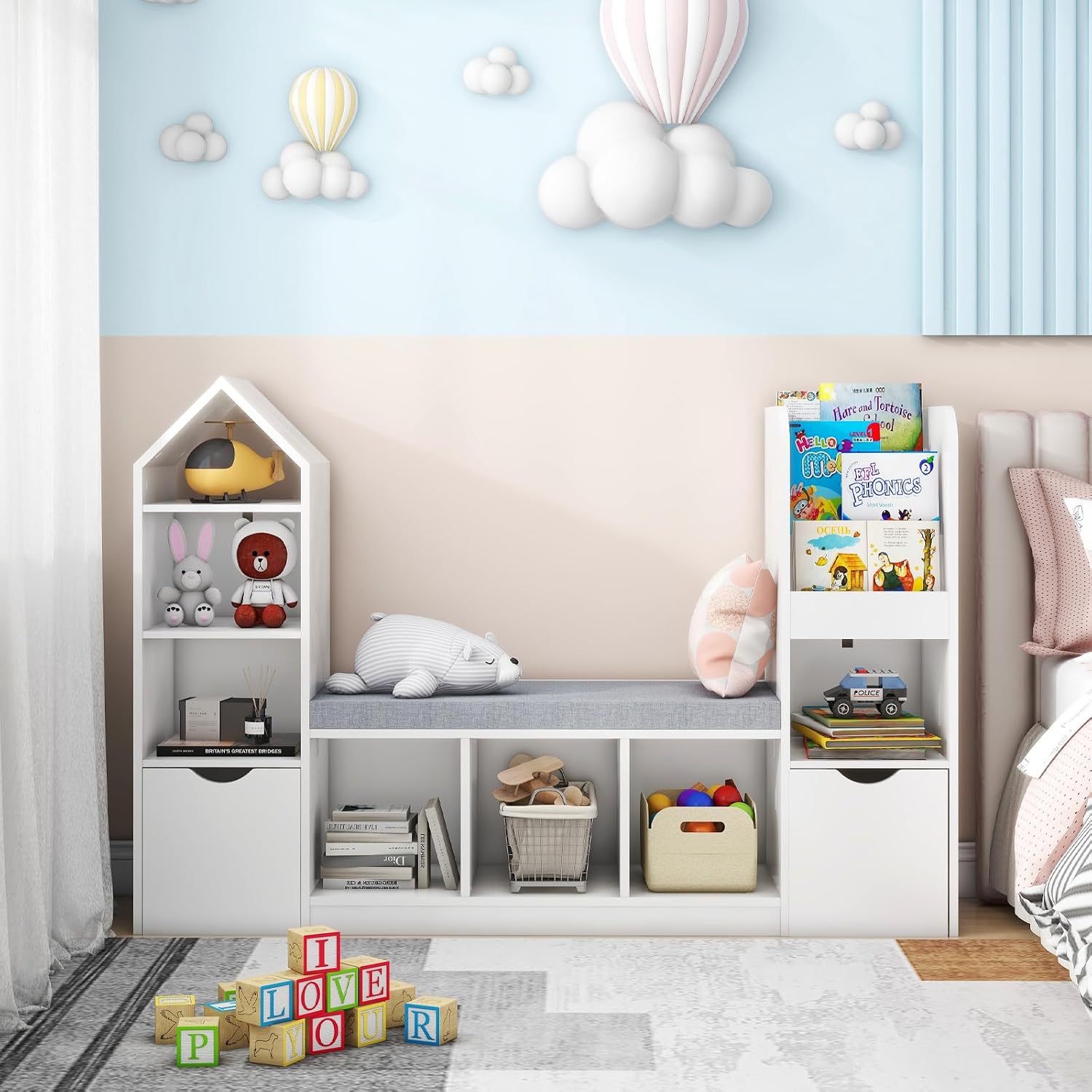 Vabches Kids Bookshelf Toy Storage Organizer, Multifunctional Bookcase with Reading Nook 7 Storage Cubbies and 2 Movable Drawers, Bookcase with Seat Cushion for Children's Room, Playroom, Bedroom