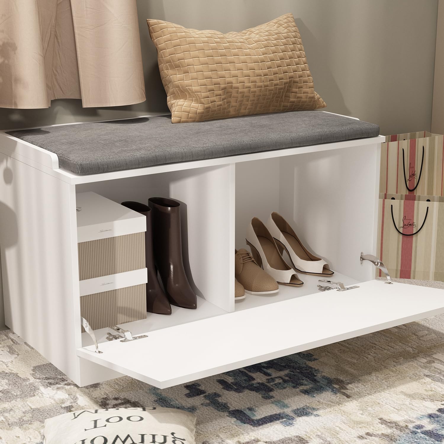 AIEGLE Entryway Hall Tree Set with Shoe Bench & Wall Mounted Coat Rack, 3-in-1 Entryway Storage Bench with Drawer & Cushion, Hall Tree Coat Rack with 4 Hooks for Hallway Hanging, White