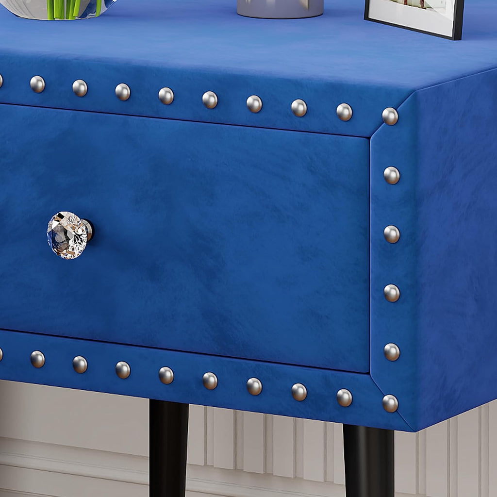 Full of Luxury 4-Pieces Bedroom Sets Queen Size Upholstered Bed Frame with Rivet Design,2 Nightstands and A Tufted Storage Ottoman for Girls,Boys,Kids,Teens, Adults (Blue-@A)