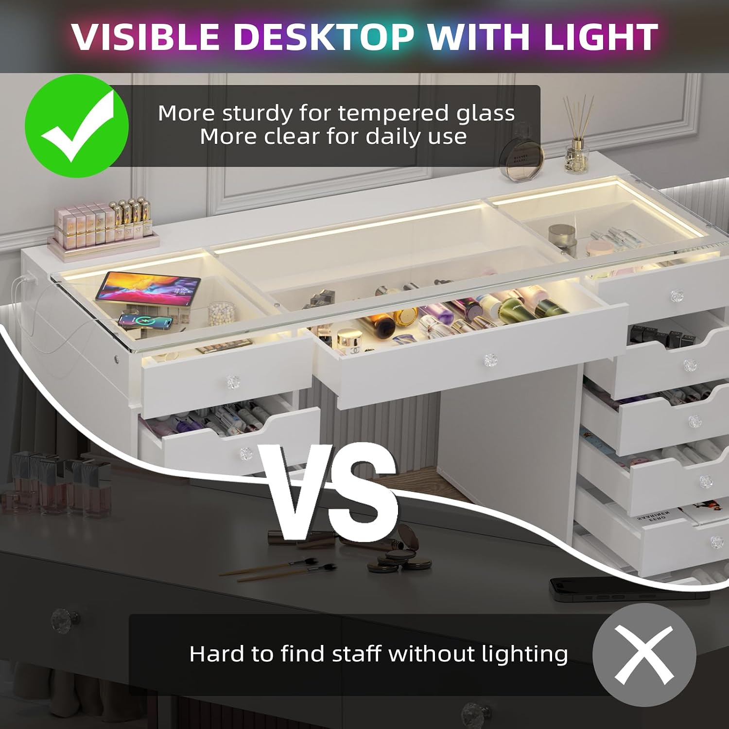 VANITII Makeup Vanity Desk with Mirror and RGB Lights Vanity Table with Makeup Mirror Glass Top Vanities with Charging Station RGB Lighted Mirror Smart Touch Dressing Table Set for Bedroom