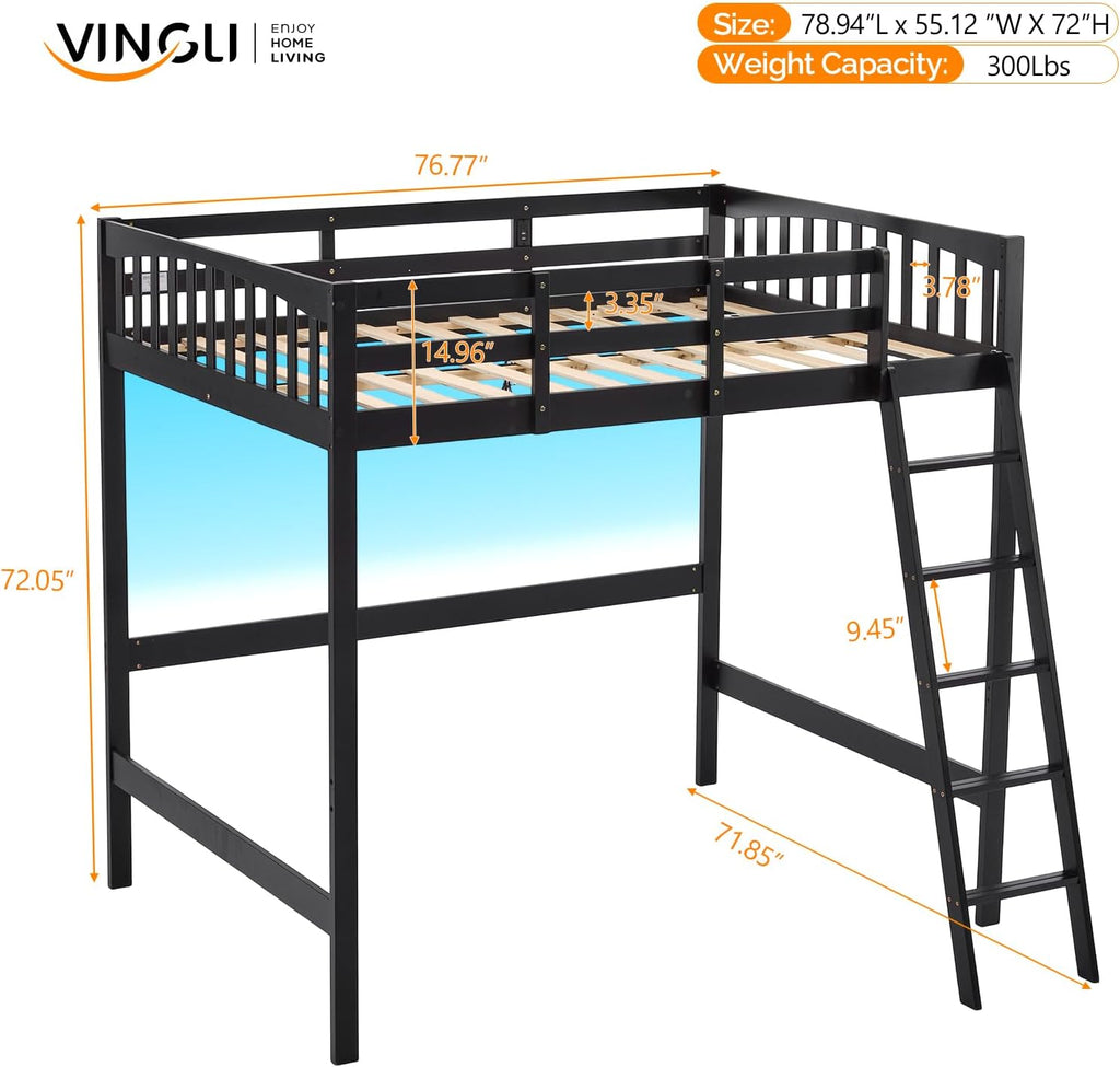 VINGLI Loft Bed Full Size with 15 inches Guardrail/USB Charging Station/LED, Solid Wood Double High Sleeper with Flat Rungs for Kids/Teens/Adults,No Box Spring Needed, Black