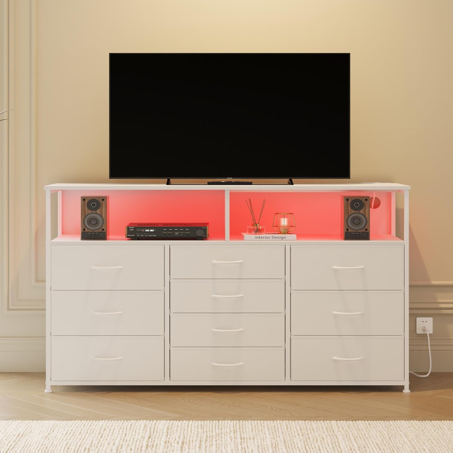 Unionly 55W 10-Drawers Dresser with 2 Open Storage Shelves, TV Stand Dresser for 55,65 inch TV，with Power Outlets and LED Lights, Fabric Dressers Drawers for Bedroom, Living Room (White)