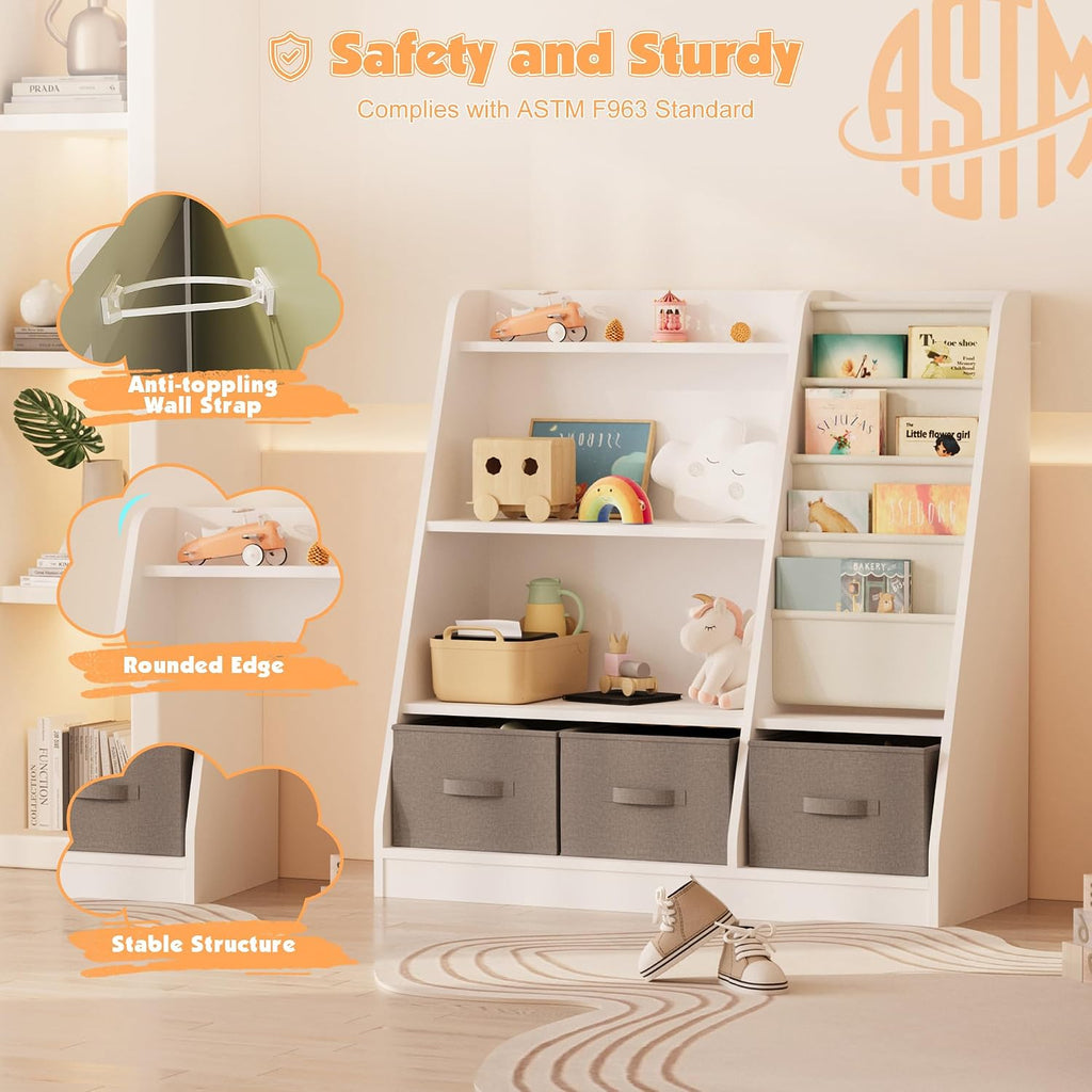NACHES Kids Bookshelf and Toy Storage Organizer, Montessori Nursery Book Shelves with Sling Rack & Fabric Toy Bins, Toddler Baby Bookcase, Wooden Toy Shelf for Kids Room, Playroom, White-White