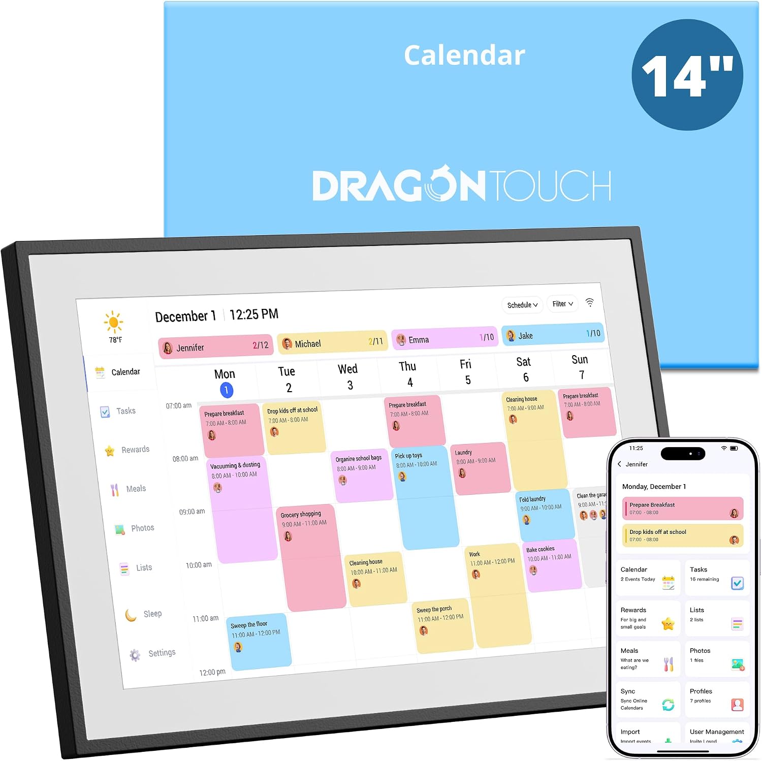 Dragon Touch 14 inch Digital Calendar & Chore Chart - Interactive Touchscreen Smart Family Planner,Digital Picture Frame for Mom, Women, Christmas & Weddings