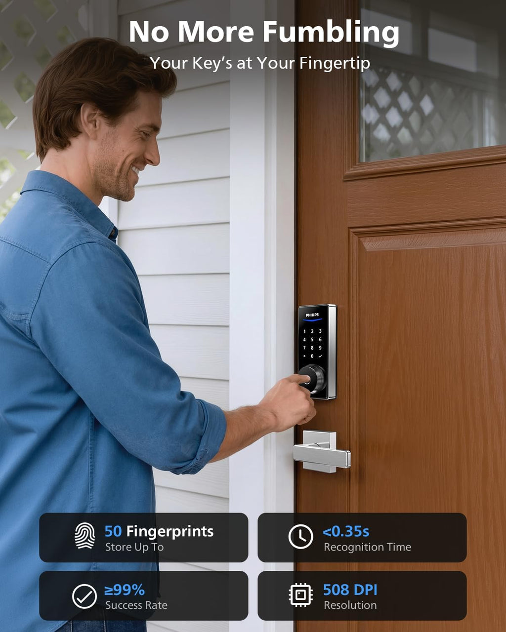 Philips Wi-Fi Smart Lock with Handles, Built-in WiFi Keyless Entry Front Door Lock Set, Keypad Deadbolt with Handle, App Fingerprint Code Unlock, Auto Locking, Remote Control & Voice Unlock, Nickel