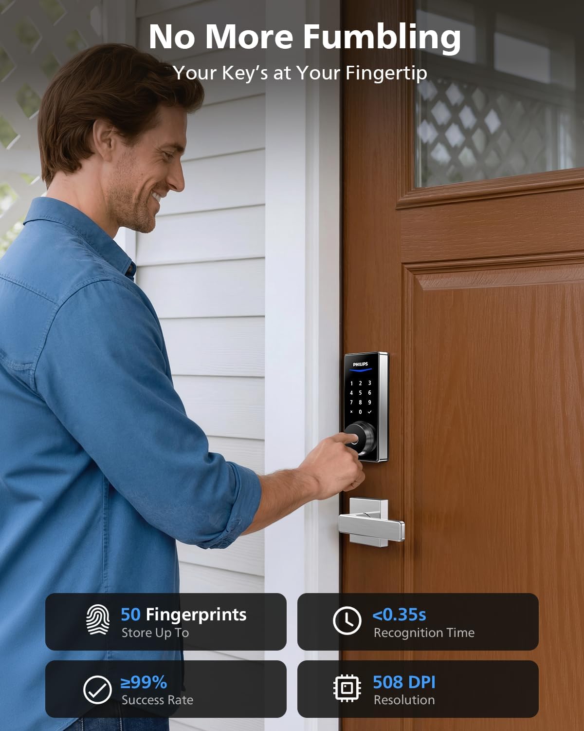 Philips Wi-Fi Smart Lock with Handles, Built-in WiFi Keyless Entry Front Door Lock Set, Keypad Deadbolt with Handle, App Fingerprint Code Unlock, Auto Locking, Remote Control & Voice Unlock, Nickel