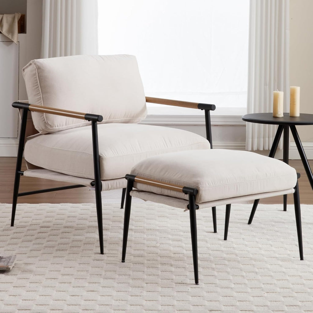 DUOMAY Mid Century Modern Accent Chair with Ottoman Set, Chenille Beige Upholstered Living Room Chair with Metal Legs Lazy Lounge Chair Set with Footrest for Bedroom Living Room