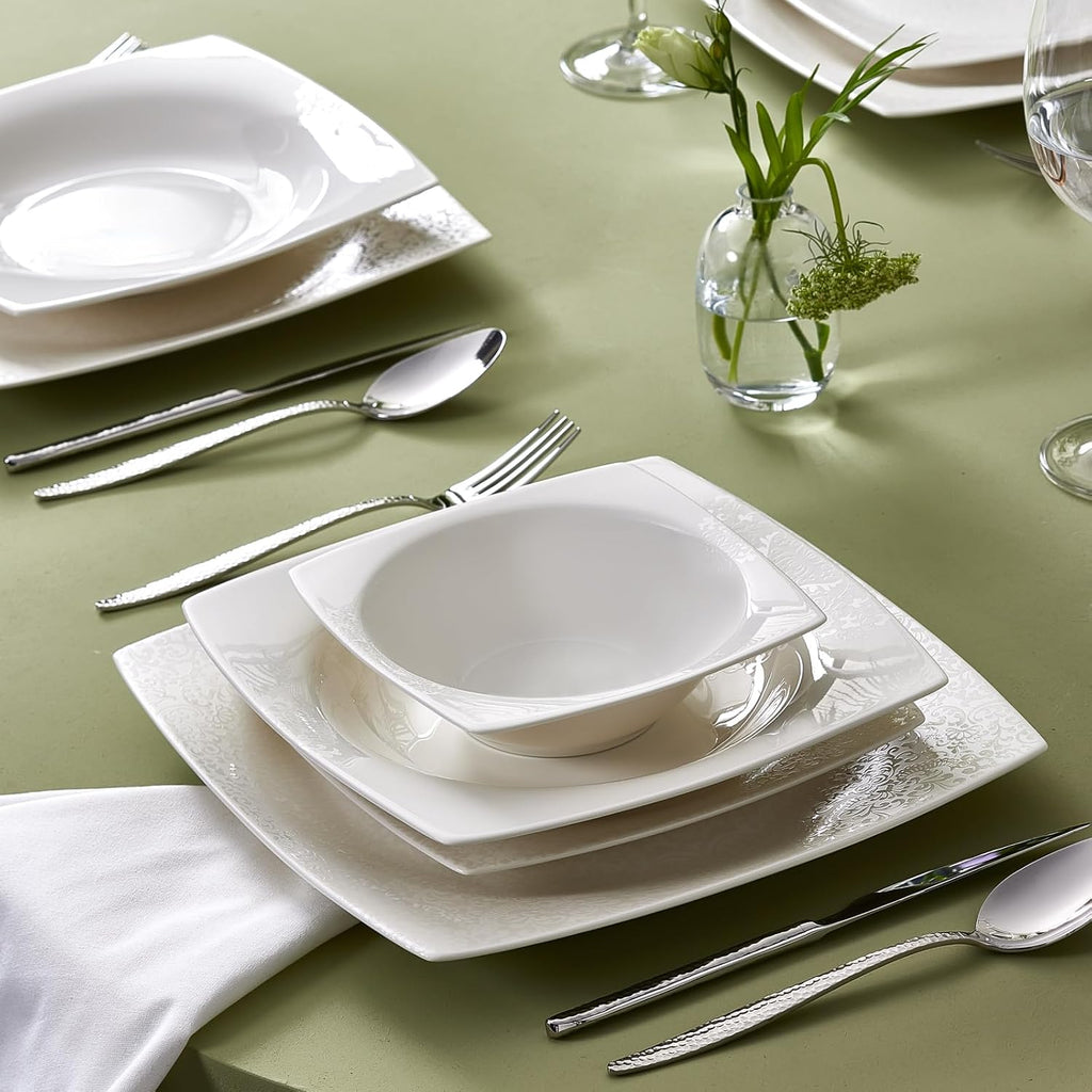 Karaca New Flava 24-Piece Porcelain Dinnerware Set for 6, White Dish Set with Dinner Plates, Pasta Bowls, Salad Plates & Soup Bowls, Kitchen Tableware Set