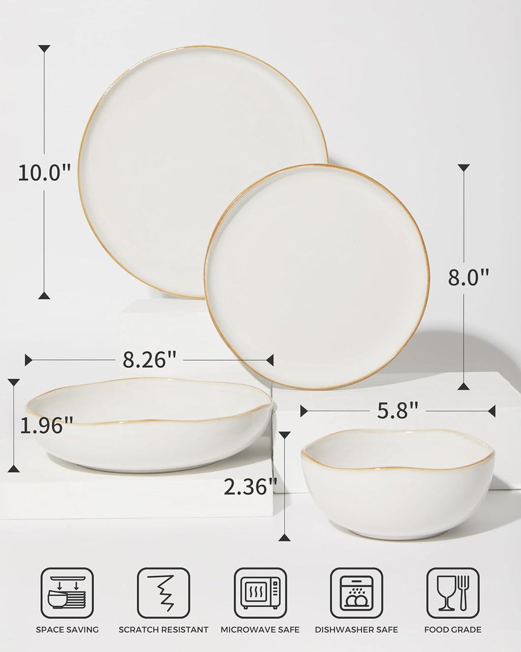 Pokini 32 Piece White Dinnerware Set with Pasta Bowls, Reactive Glaze Stoneware for 8 | Perfect for Multi‑Course Dinners, Hosting Large Groups, Holiday Serving Needs