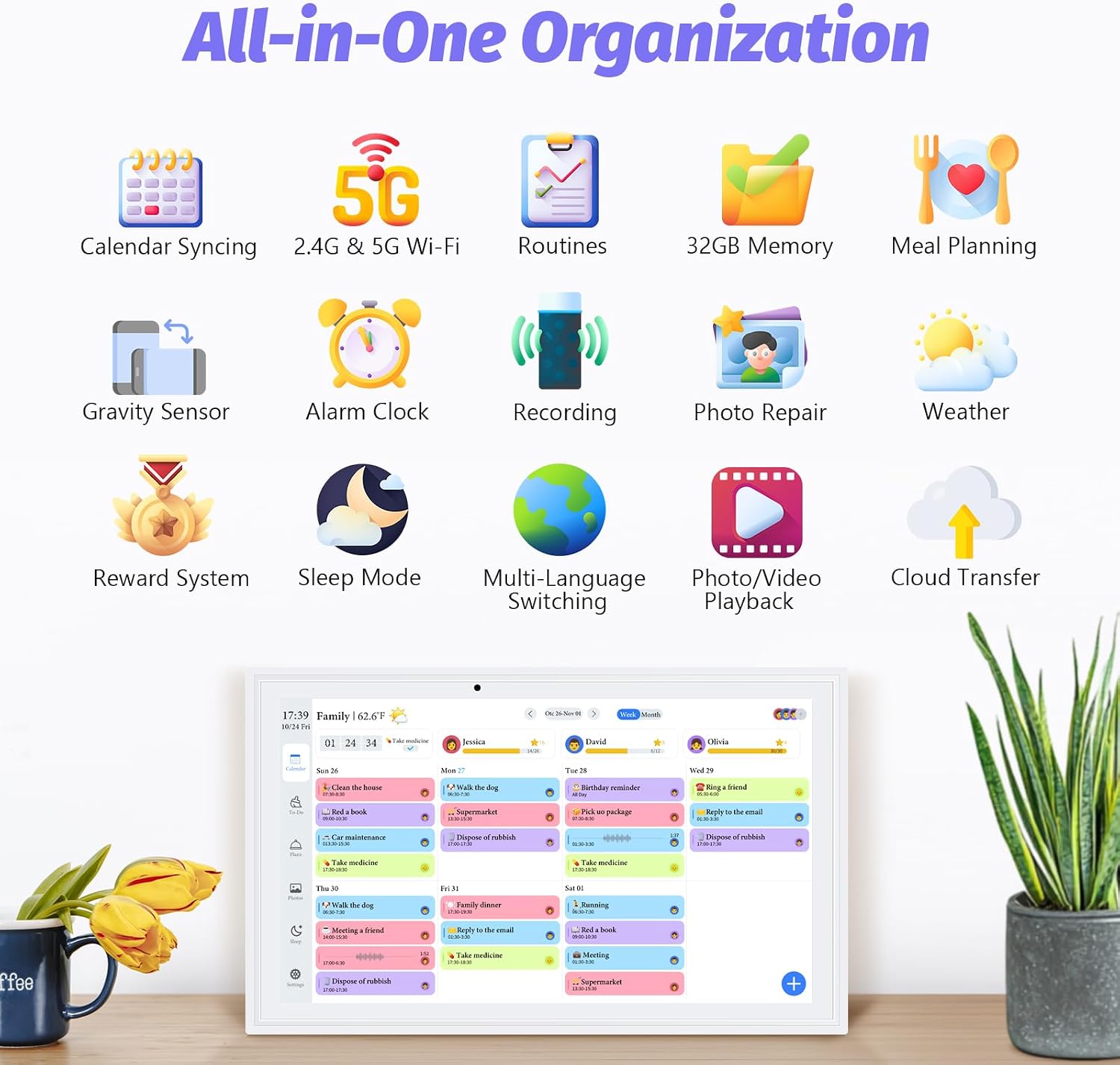 OcePor 15.6 Inch Digital Calendar, Electronic Calendar Chore Chart, Smart Calendars Wall 1920 * 1080 Full HD Interactive IPS Touchscreen for Family Planner,Task (White)