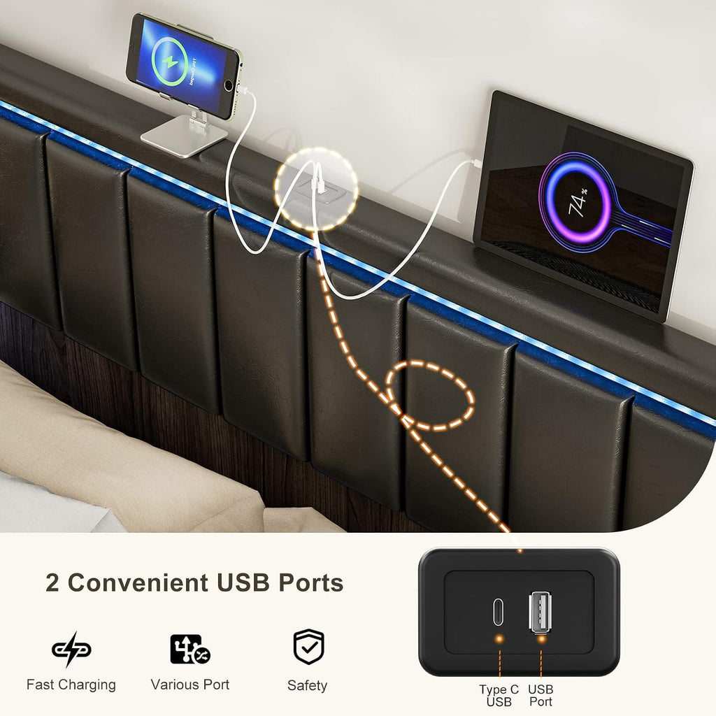 IKIFLY Full Size LED Headboard with 2 USB Ports, Adjustable Height - Modern Upholstered Faux Leather Full Headboard Only with Changing LED Lights, Easy Assembly, Black