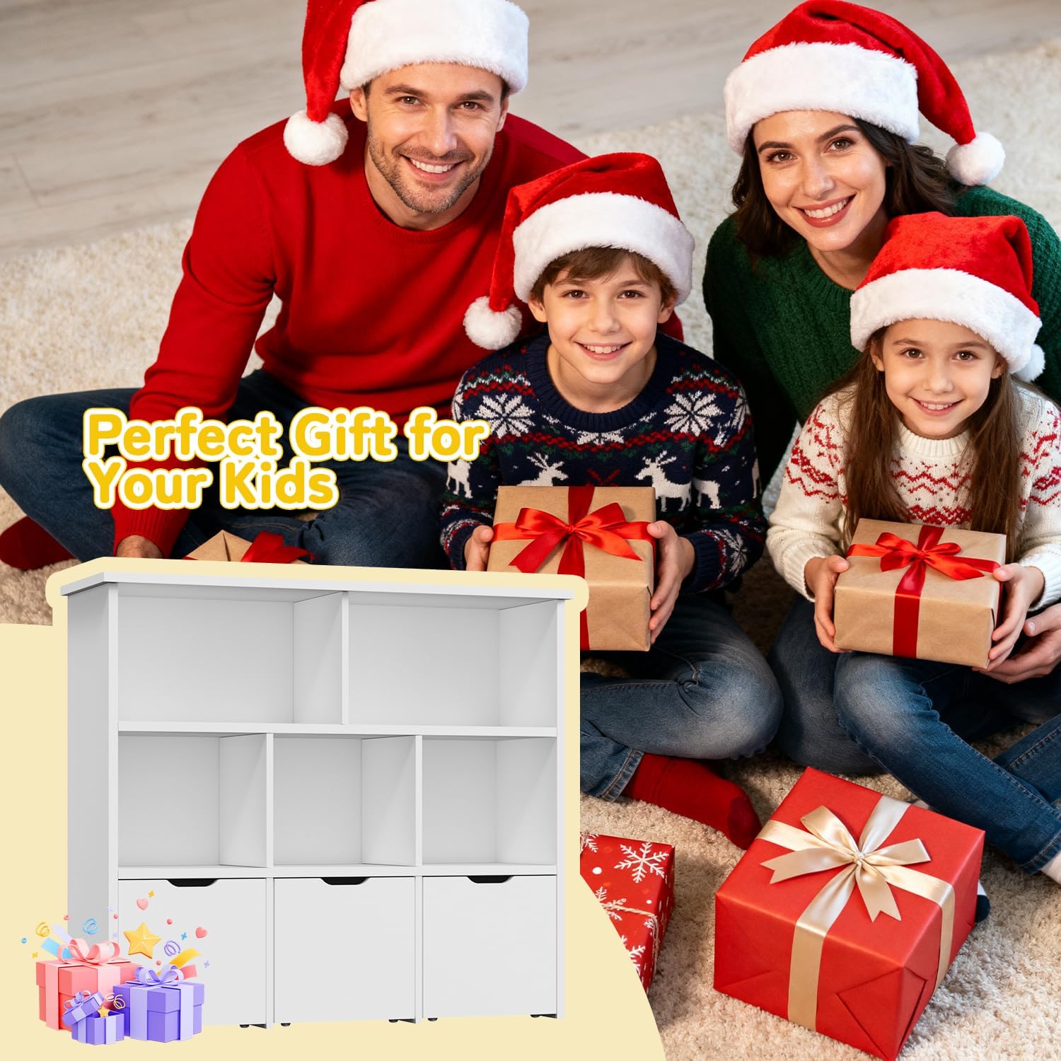Teckid 2-in-1 Kids Bookshelf and Toy Storage Organizer, Kids Storage Cabinet with 5 Open Cubbies and 3 Rolling Drawers, Multifunctional Toy Chest for Playroom Bedroom Living Room, White