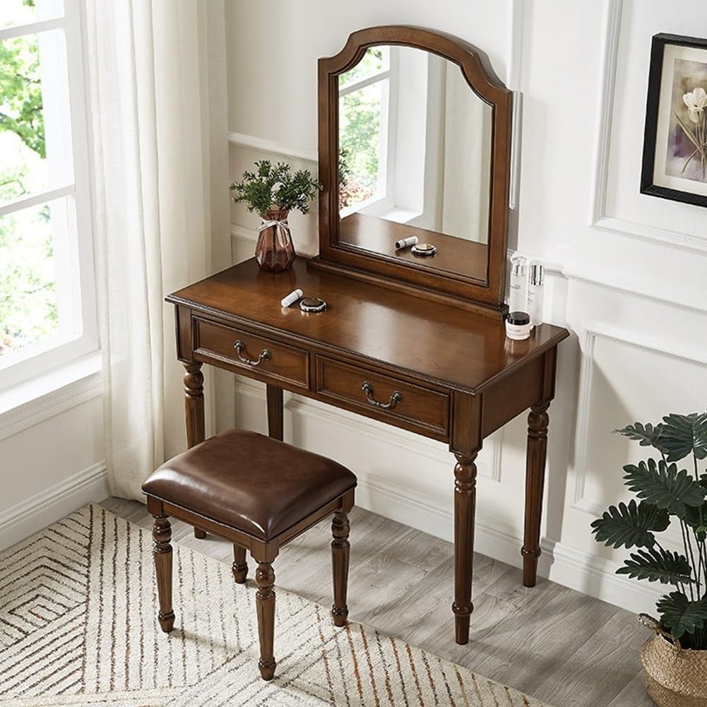 Vintage Vanity Desk with Mirror, Wooden Dressing Table Set for Bedroom with 2 Drawers, Cushioned Stool for Girls Women