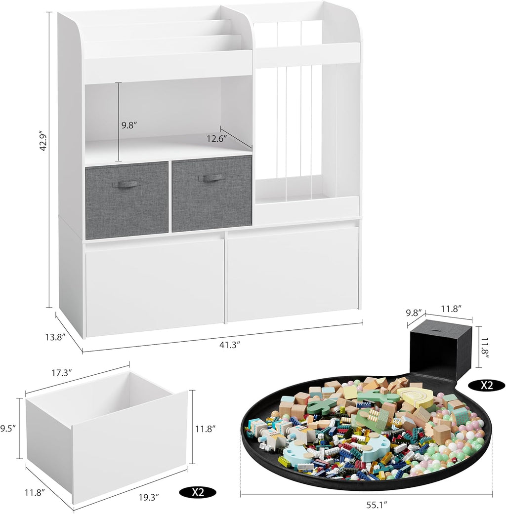 42.9'' Toy Storage, Large Stuffed Animal Holder with Toy Chest and Play Mat, Toy Organizer with Kids Bookshelf, Wooden Organization with 2 Movable Drawers for Kids Room Bedroom Playroom,White