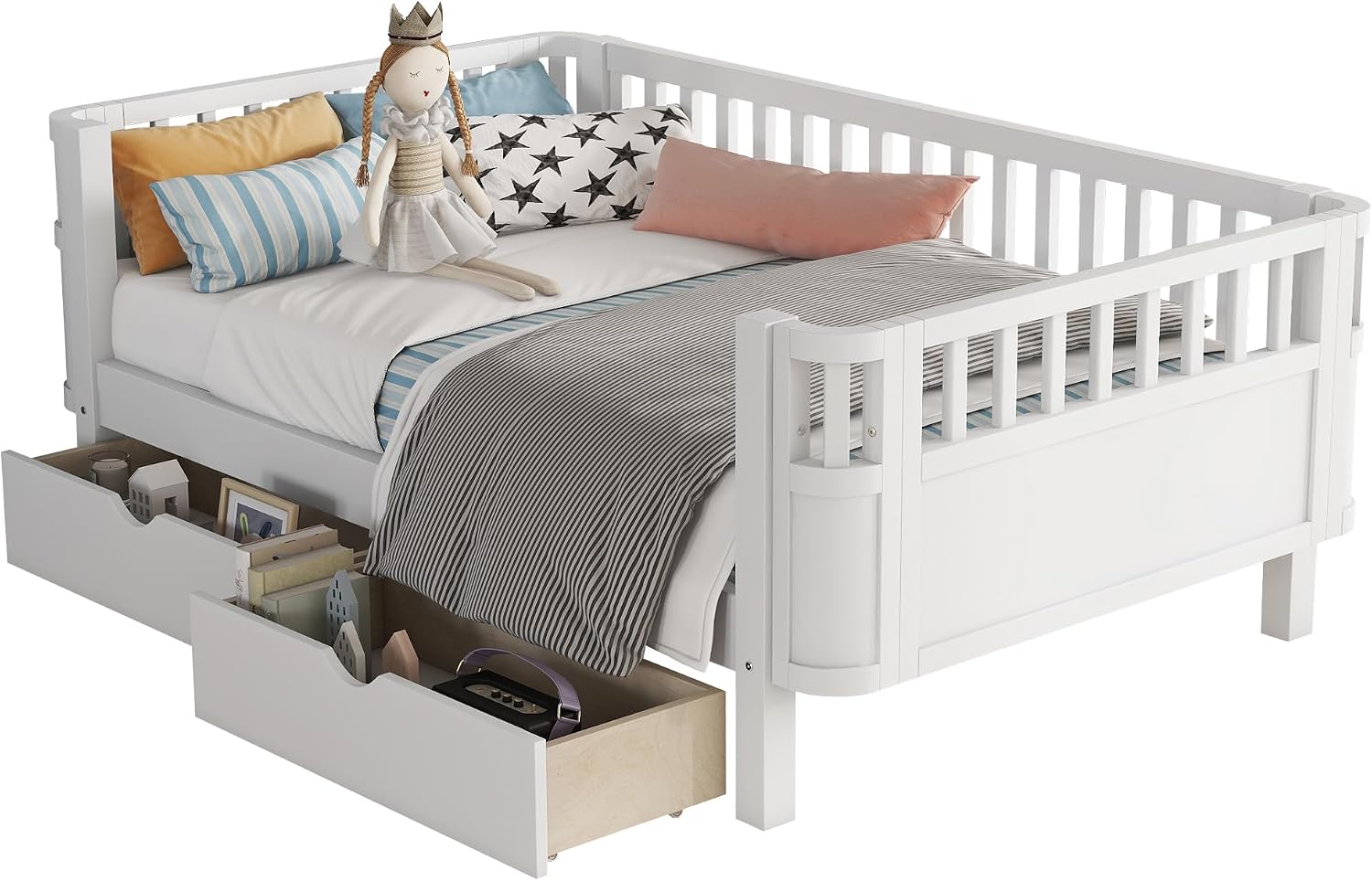 Harper & Bright Designs Twin Size Low Platform Bed Frame, Daybed with Fence and Drawers, Low Profile Bed for Bed Room, White