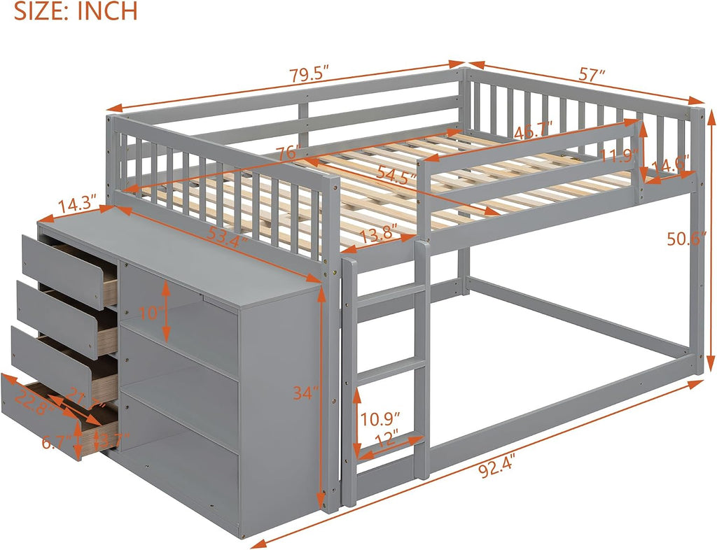 Merax Full Over Full Bunk Bed with 4 Storage Drawers and 3 Shelves, Wooden Floor Bunk Bedframe with Guardrail & Ladders, No Box Spring Needed, Easy Assembly