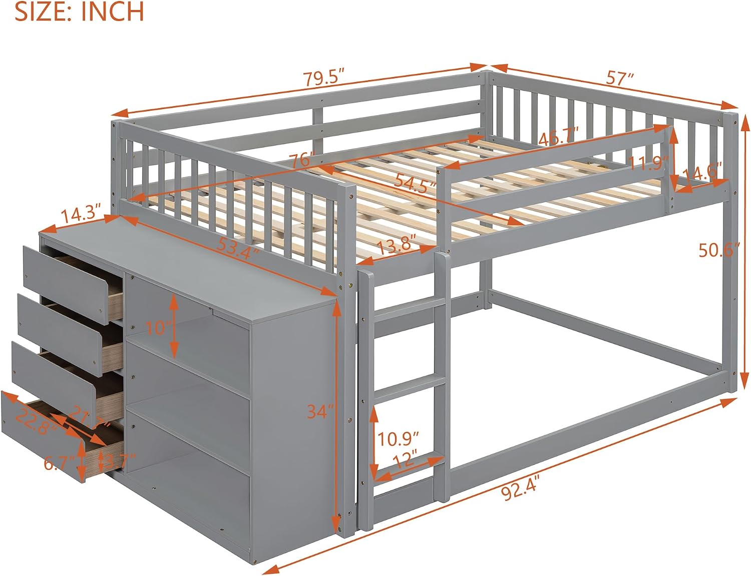Merax Full Over Full Bunk Bed with 4 Storage Drawers and 3 Shelves, Wooden Floor Bunk Bedframe with Guardrail & Ladders, No Box Spring Needed, Easy Assembly
