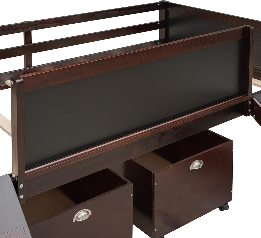 JIVOIT Twin Size Low Loft Bed with Climbing Frame & Rope, Wood Loft Bed Frame with Two Storage Boxes, Slide and Double-Sided Chalkboard, Pine Wood Bed Frame for Kids Teens (Espresso+Rope)