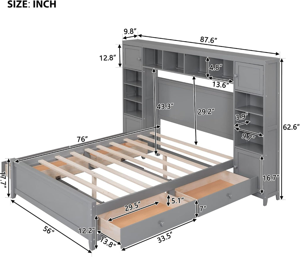 Merax Full Size Platform Bed with 4 Drawers, Wooden Full Bed with All-in-One Cabinet and Shelf, Gray