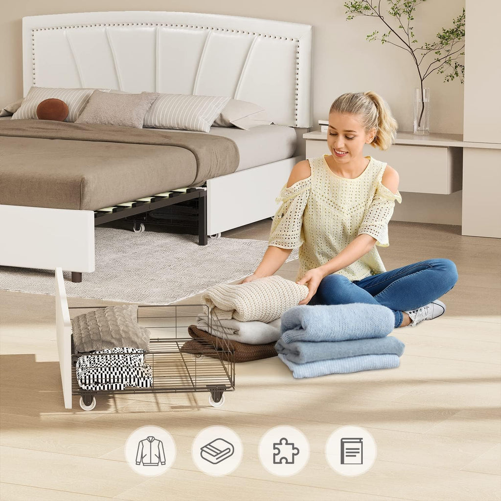BONSOIR Full Size Storage Bed Frame Upholstered Low Profile Traditional Platform with Tufted and Nail Headboard/No Box Spring Needed/4 Pull Out Drawers/White Faux Leather