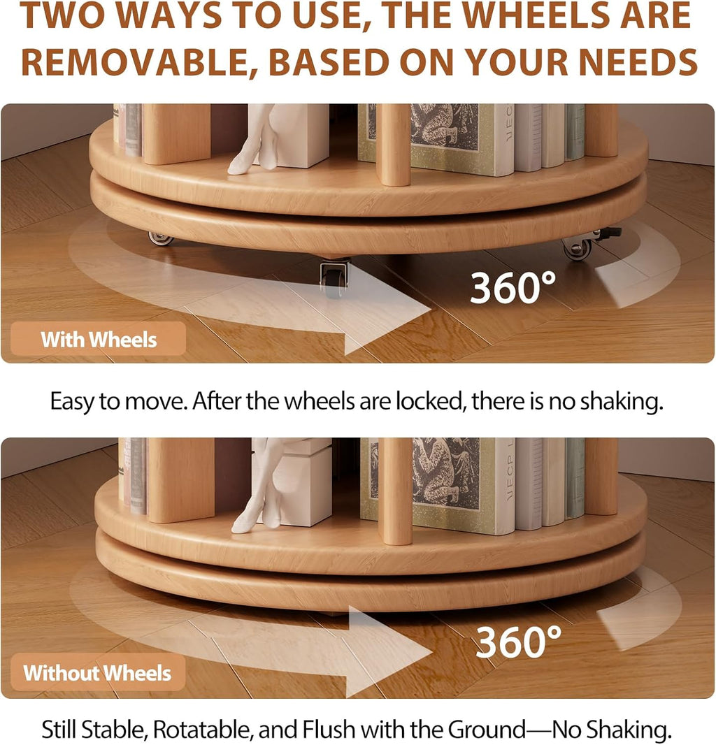 Muwuele Solid Wood Rotating Bookshelf on Wheels, 4 Tier, Round Revolving Bookcase, 360° Spinning Book Shelf Tower for Kids, Narrow Rolling Bookshelves for Small Space, Corner, Bedroom, Office, Natural
