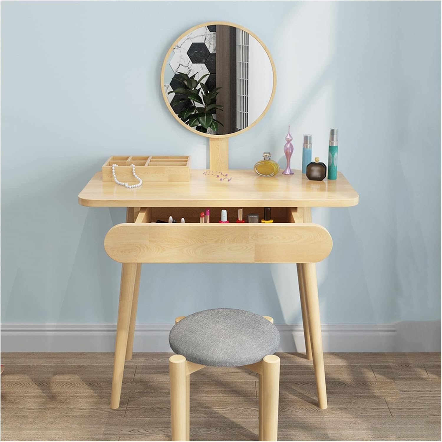 Dressing Table Vanity Set with Mirror and 1 Drawer, Makeup Vanity Dressing Table, Dresser Desk and Cushioned Stool Set for Girl, Women Bedroom Makeup Desk Size:60*45cm)