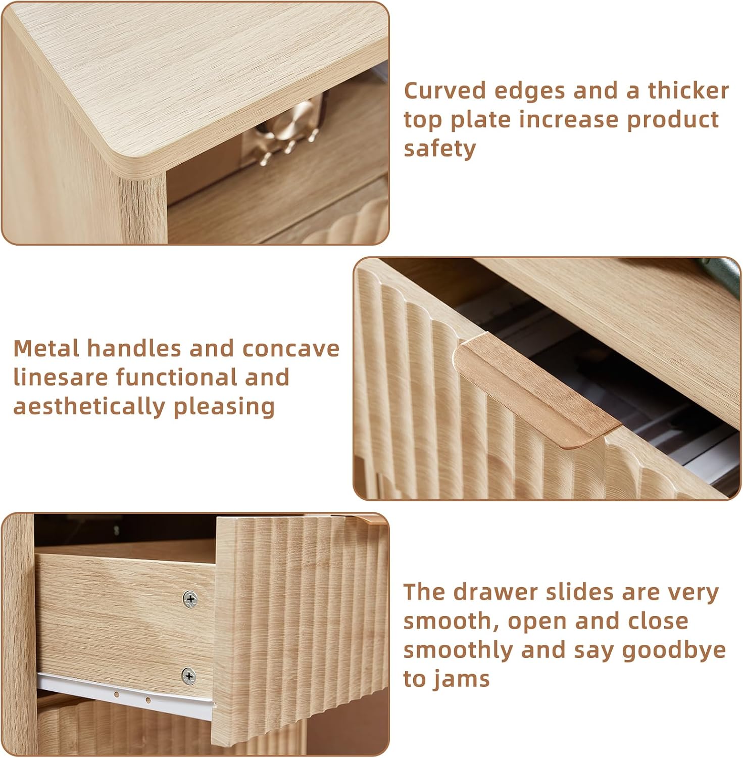 LEYAOYAO Fluted Nightstand with Charging Station, 23' Wide 2 Drawers End Table, Natural Night Stand with Open Storage Cabinet, Farmhouse Bed Side Tables, Wood Dresser for Bedroom, Living Room, Closet